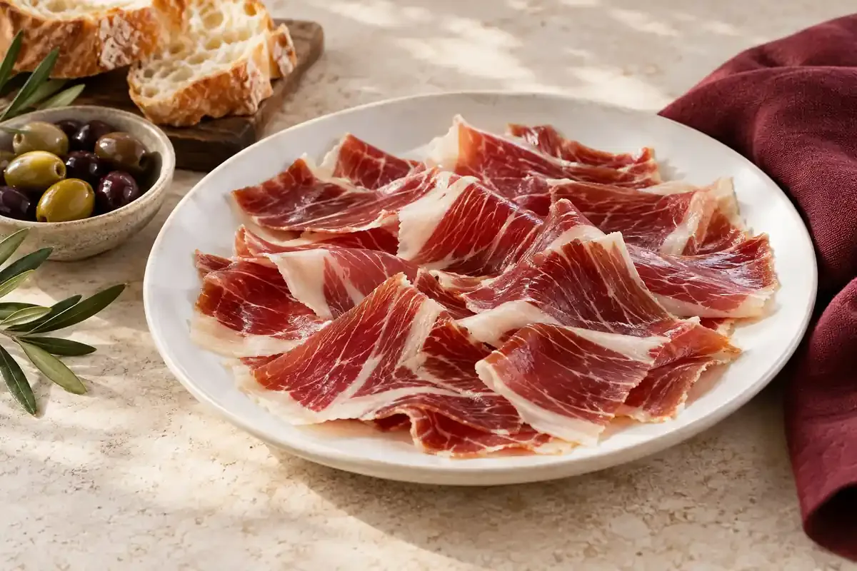Plato de lonchas de jamón curado sobre una mesa clara.